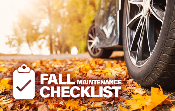 fall maintenance checklist text with autumn themed backdrop with leaves and car